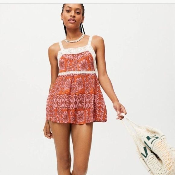 Urban Outfitters “Brunching” Lace Trim Brown Romper Women's Size Large - Picture 1 of 12